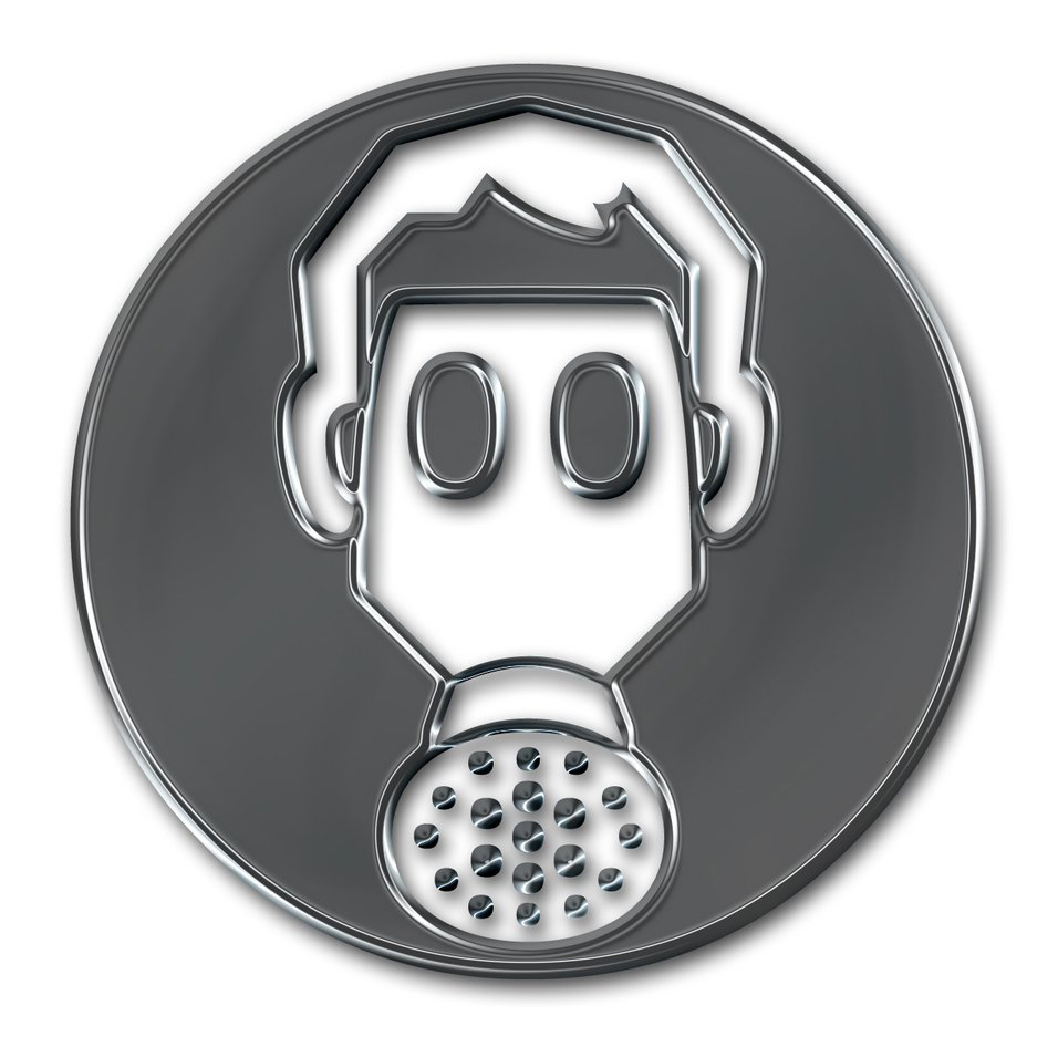 Circular metalic gray icon of a face wearing a gas mask