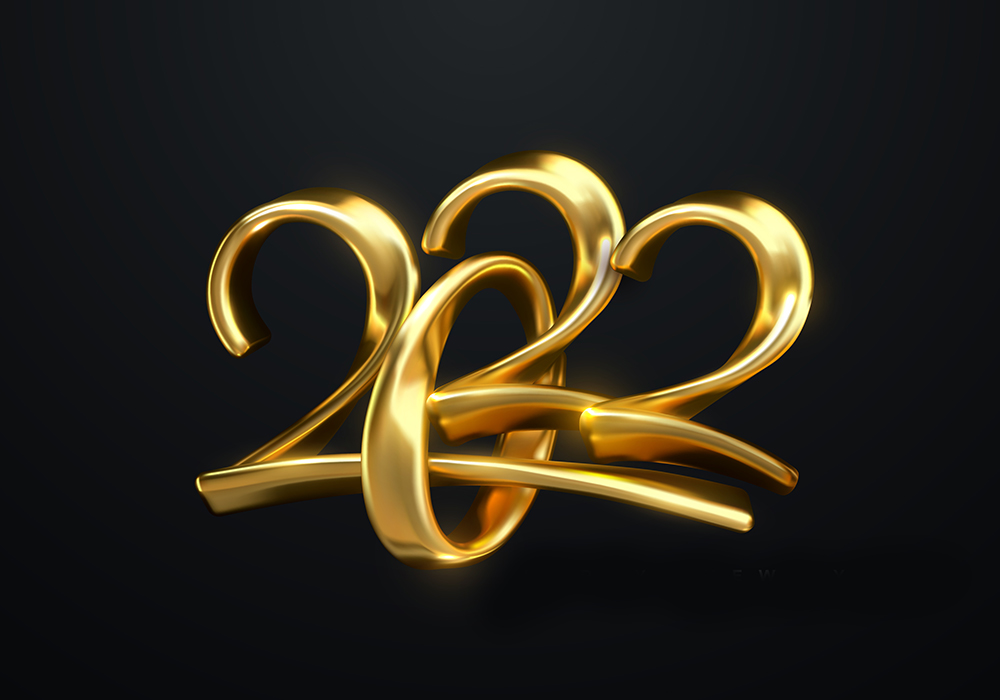 Stylized 3D rendering of "2022" in gold against a black background