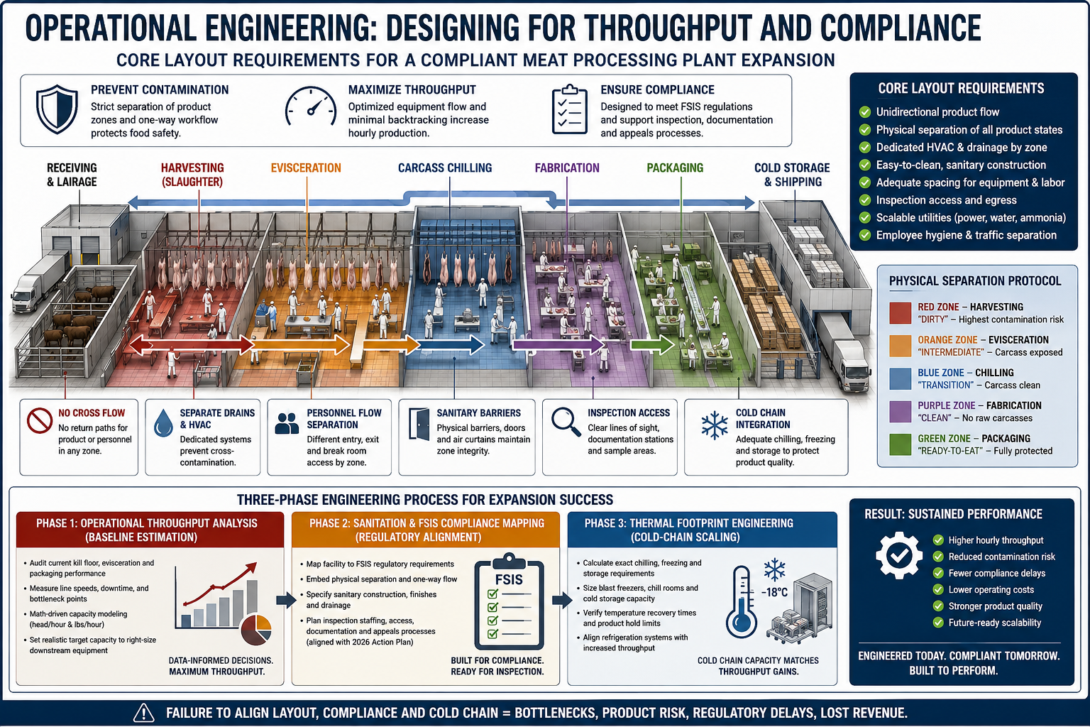 Architectural infographic detailing operational engineering and core layout requirements for a compliant meat processing plant expansion. The diagram displays a sequential floor layout split into distinct, color-coded physical separation zones: Receiving, Harvesting, Evisceration, Carcass Chilling, Fabrication, Packaging, and Cold Storage. The lower section outlines a three-phase engineering process detailing operational throughput analysis, sanitation and FSIS compliance mapping, and thermal footprint cold-chain engineering to ensure infrastructure risk mitigation and slaughterhouse capacity optimization.